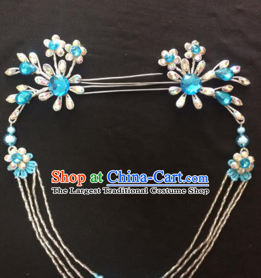 Asian Chinese Beijing Opera Hair Accessories Blue Rhinestone Hairpins Tassel Step Shake for Women