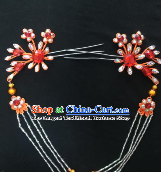 Asian Chinese Beijing Opera Hair Accessories Red Rhinestone Hairpins Tassel Step Shake for Women