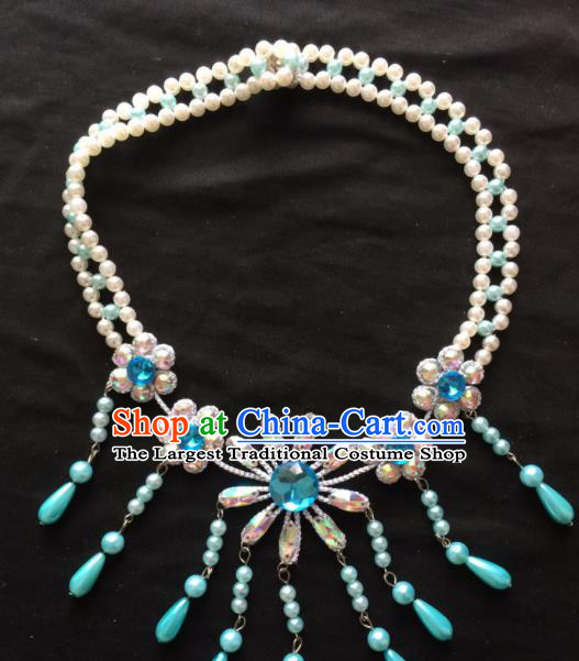 Asian Chinese Beijing Opera Jewelry Accessories Pearls Blue Flower Necklace for Women