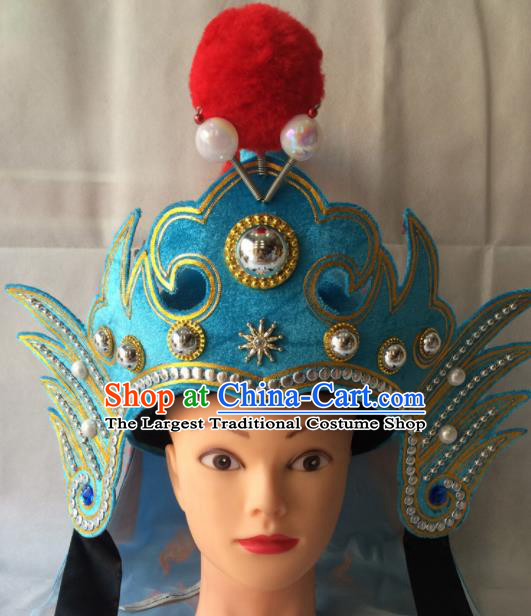 Asian Chinese Beijing Opera Takefu Blue Helmet Ancient General Hat for Men