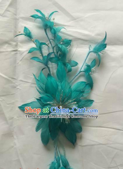 Asian Chinese Beijing Opera Hair Accessories Ancient Princess Blue Feather Hairpins for Women