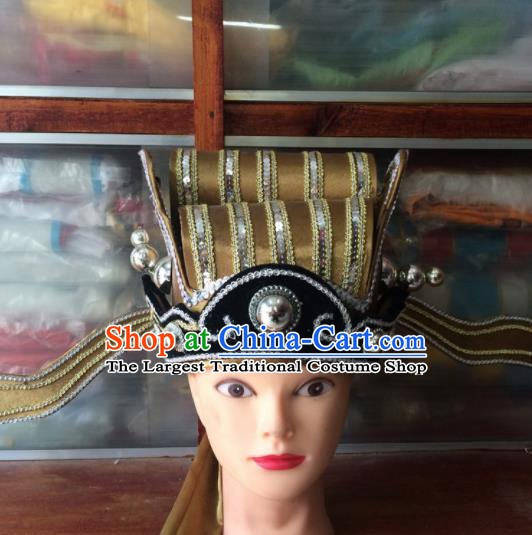 Asian Chinese Traditional Beijing Opera Headwear Ancient Prime Minister Golden Hat for Men