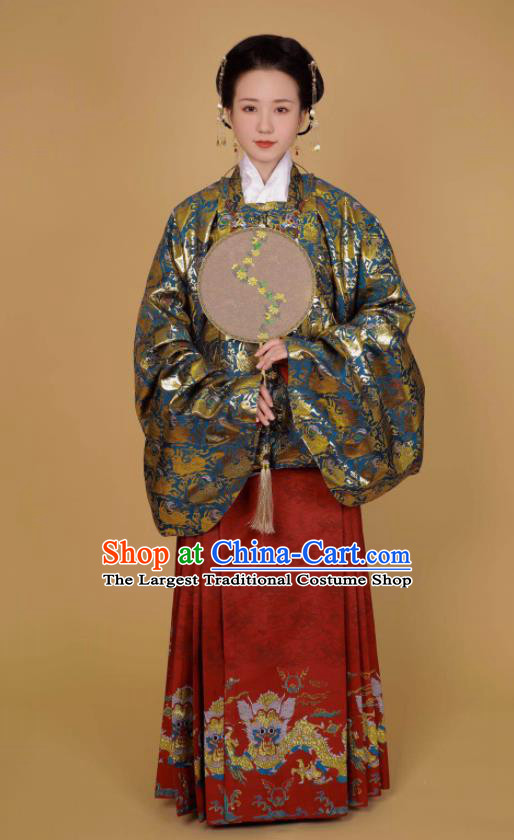 Traditional Chinese Ancient Ming Dynasty Nobility Lady Historical Costume Blue Blouse and Horse Face Skirt Complete Set