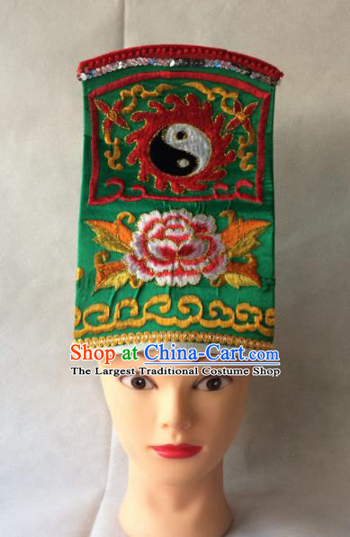 Asian Chinese Traditional Beijing Opera Headwear Ancient Taoist Priest Green Hat for Men