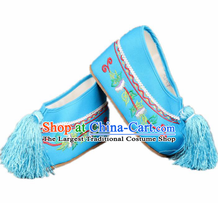 Asian Chinese Beijing Opera Princess Blue Embroidered Shoes Ancient Hanfu Shoes for Women