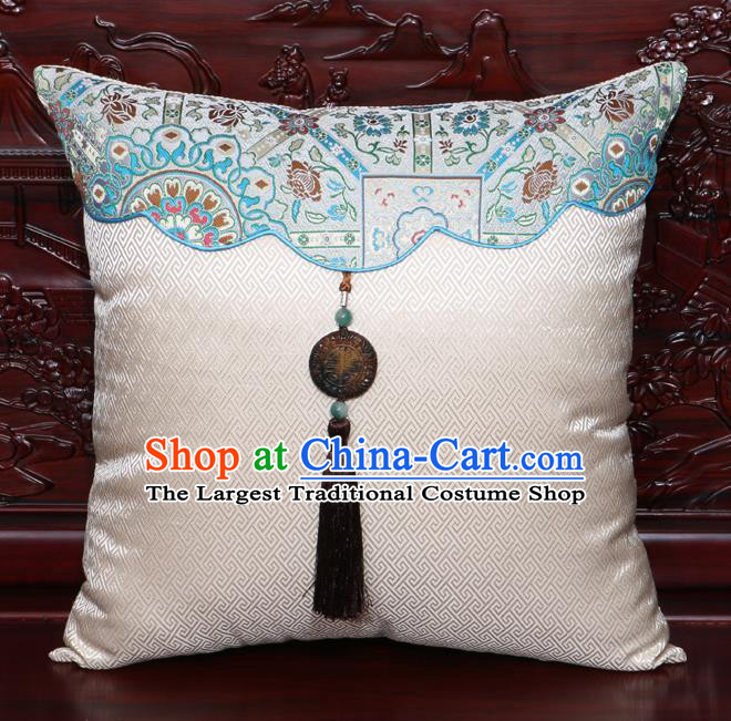 Chinese Classical Pattern Jade Pendant White Brocade Square Cushion Cover Traditional Household Ornament