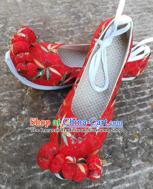 Asian Chinese Traditional Shoes Ancient Song Dynasty Printing Bamboo Red Shoes Hanfu Shoes for Women