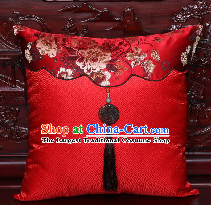 Chinese Classical Peony Pattern Jade Pendant Red Brocade Square Cushion Cover Traditional Household Ornament