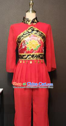 Asian Chinese Traditional Folk Dance Costume New Year Fan Dance Red Clothing for Women