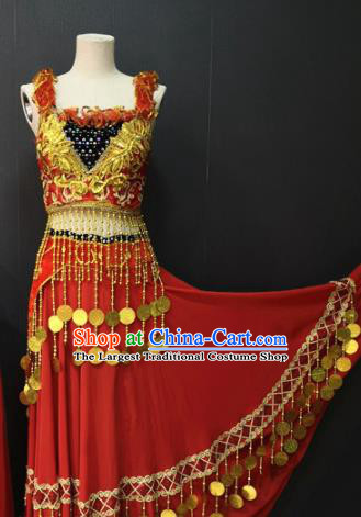 Asian Chinese Traditional Classical Dance Costume Ethnic Folk Dance Red Dress for Women