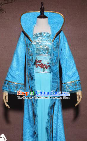 Traditional Chinese Ancient Drama Tang Dynasty Princess Costume Blue Hanfu Dress for Women