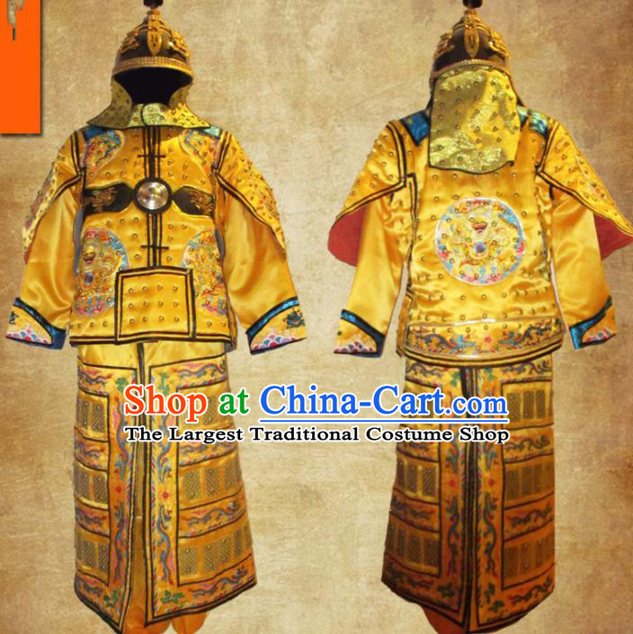 Chinese Qing Dynasty Manchu General Costume Ancient Drama Soldier Body Armor and Helmet Complete Set