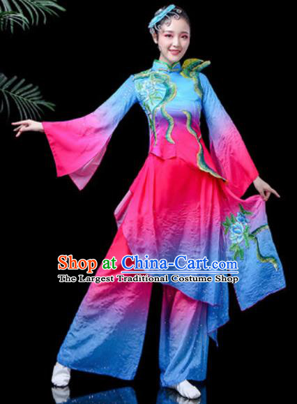 Traditional Chinese Folk Dance Costume Fan Dance Blue Clothing for Women