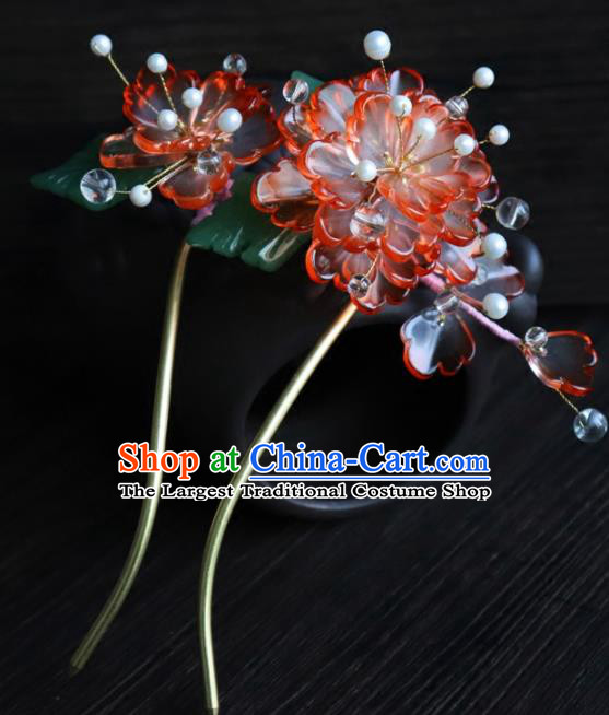 Chinese Ancient Palace Hair Accessories Traditional Classical Red Flowers Hairpins for Women