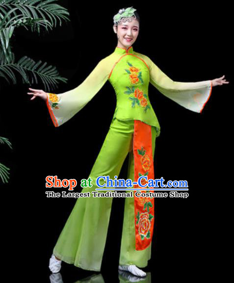 Traditional Chinese Stage Performance Folk Dance Costume Fan Dance Green Clothing for Women