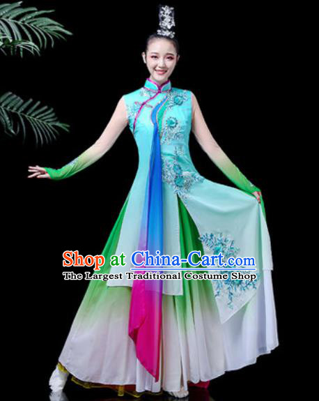 Traditional Chinese Classical Dance Costume Umbrella Dance Stage Performance Blue Dress for Women