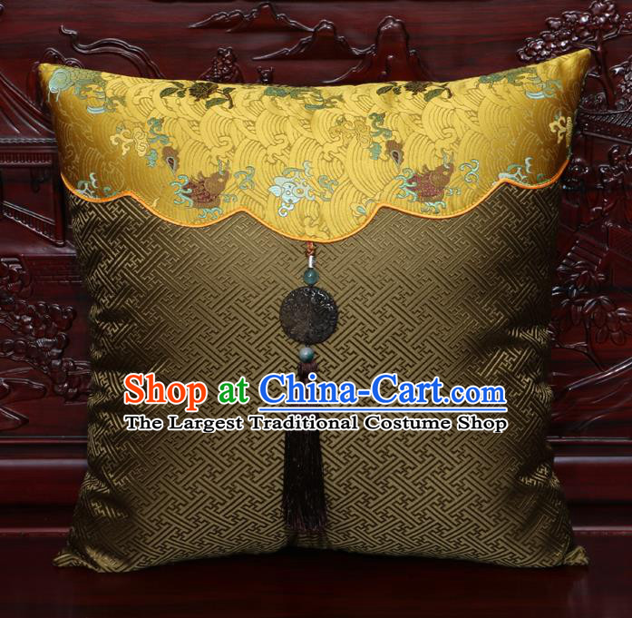 Chinese Classical Pattern Jade Pendant Khaki Brocade Square Cushion Cover Traditional Household Ornament