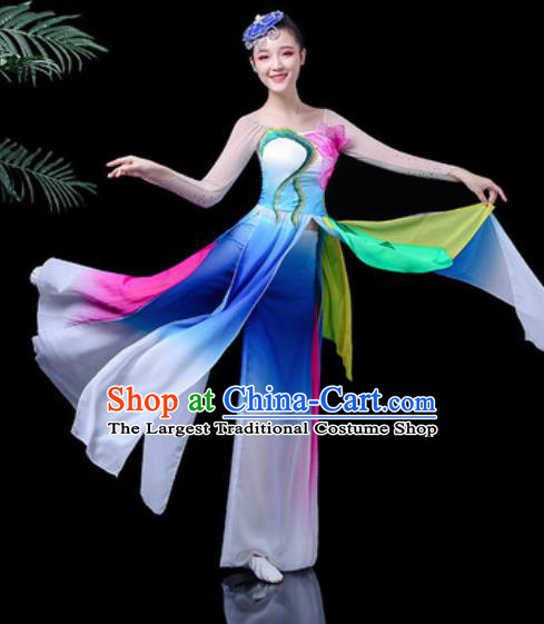 Traditional Chinese Classical Dance Stage Performance Costume Umbrella Dance Blue Dress for Women