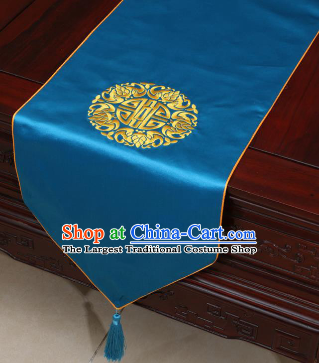 Chinese Classical Embroidered Blue Brocade Table Flag Traditional Satin Household Ornament Table Cover