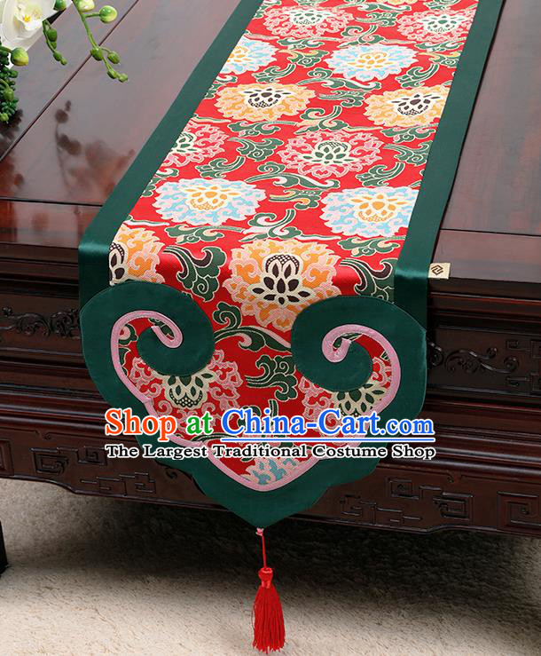 Chinese Classical Lotus Pattern Red Satin Table Flag Traditional Brocade Household Ornament Table Cover