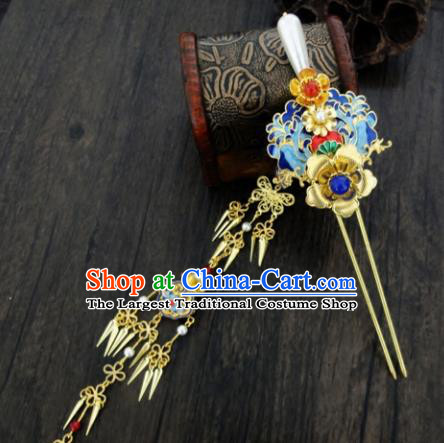 Chinese Ancient Palace Tassel Step Shake Hair Accessories Traditional Classical Blueing Hairpins for Women