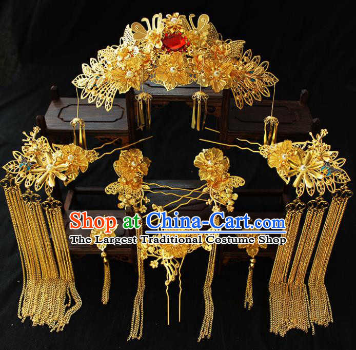 Chinese Ancient Palace Hair Accessories Traditional Classical Golden Phoenix Coronet Hairpins for Women