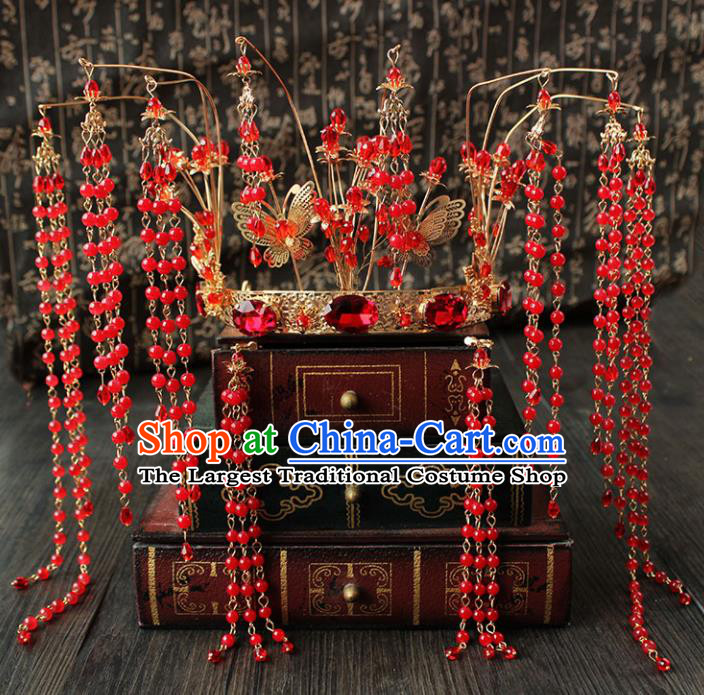 Chinese Ancient Palace Hair Accessories Traditional Wedding Classical Red Beads Tassel Phoenix Coronet Hairpins for Women