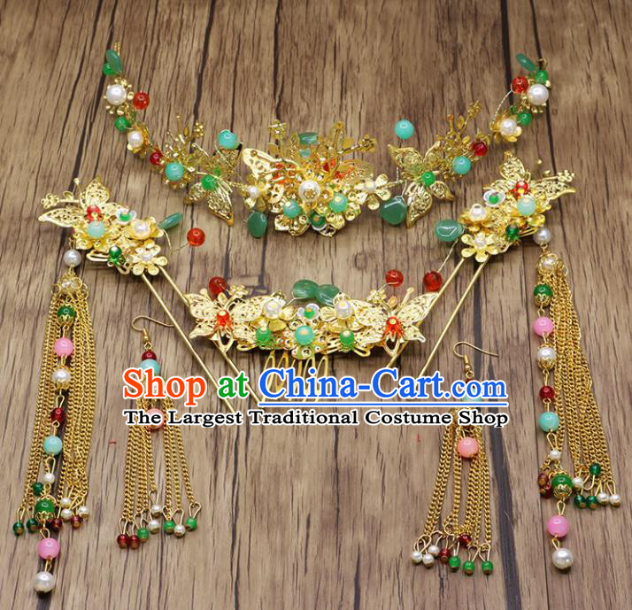 Chinese Ancient Bride Phoenix Coronet Hair Accessories Traditional Classical Tassel Hairpins for Women