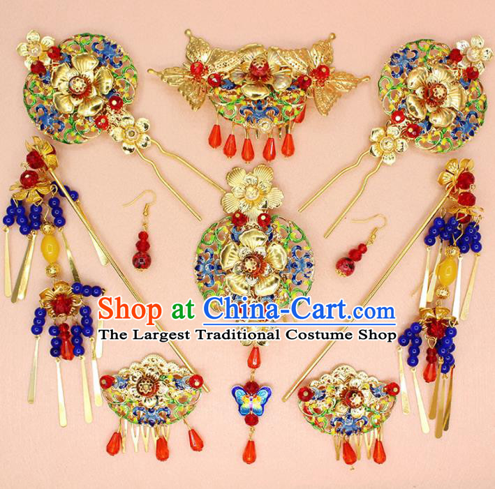 Chinese Ancient Bride Wedding Blueing Hair Accessories Traditional Hair Clip Tassel Hairpins for Women