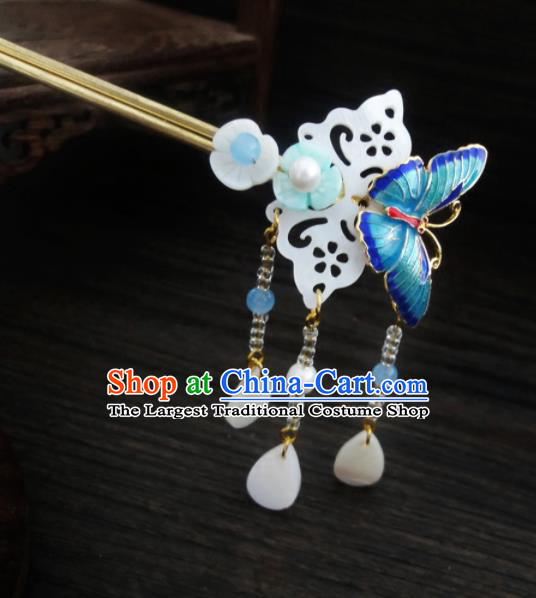 Chinese Ancient Palace Hair Accessories Traditional Classical Blueing Butterfly Shell Hairpins for Women