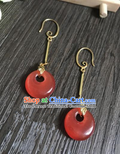 Chinese Ancient Classical Jewelry Accessories Traditional Hanfu Red Chalcedony Earrings for Women