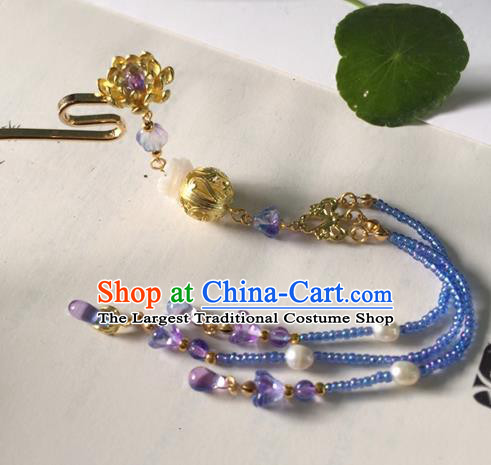 Chinese Ancient Hanfu Hair Accessories Traditional Blue Beads Tassel Lotus Hairpins for Women