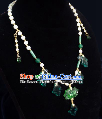 Chinese Ancient Hanfu Jewelry Accessories Traditional Tassel Green Lotus Necklace for Women