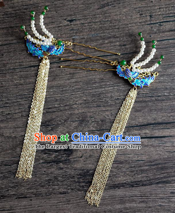 Chinese Ancient Hanfu Hair Accessories Traditional Wedding Blueing Phoenix Golden Tassel Hairpins for Women