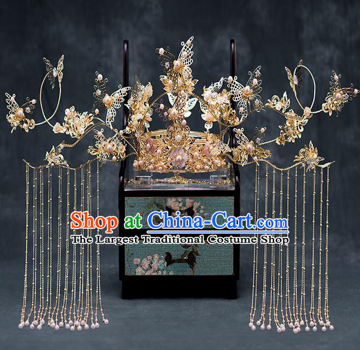 Chinese Ancient Hanfu Wedding Hair Accessories Traditional Golden Butterfly Tassel Phoenix Coronet Hairpins for Women