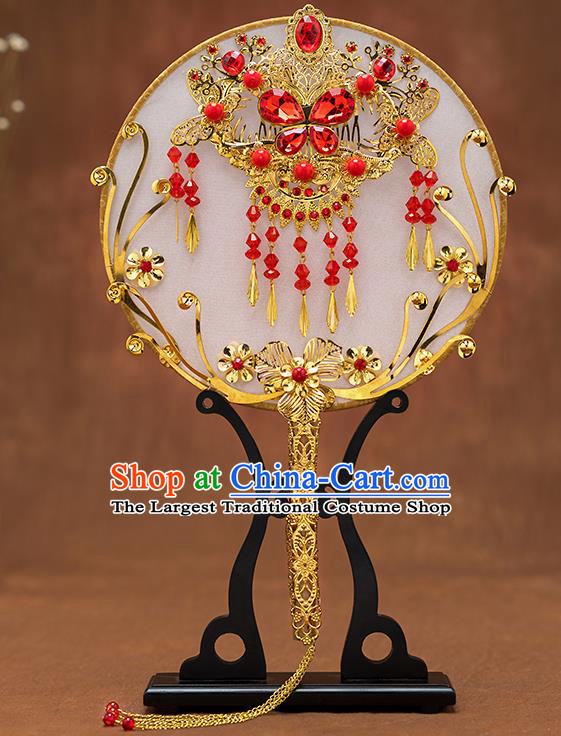 Chinese Ancient Bride Red Crystal Butterfly Round Fans Traditional Wedding Classical Palace Fans for Women