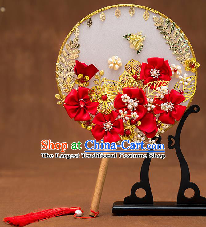 Chinese Ancient Bride Red Flowers Round Fans Traditional Wedding Classical Palace Fans for Women