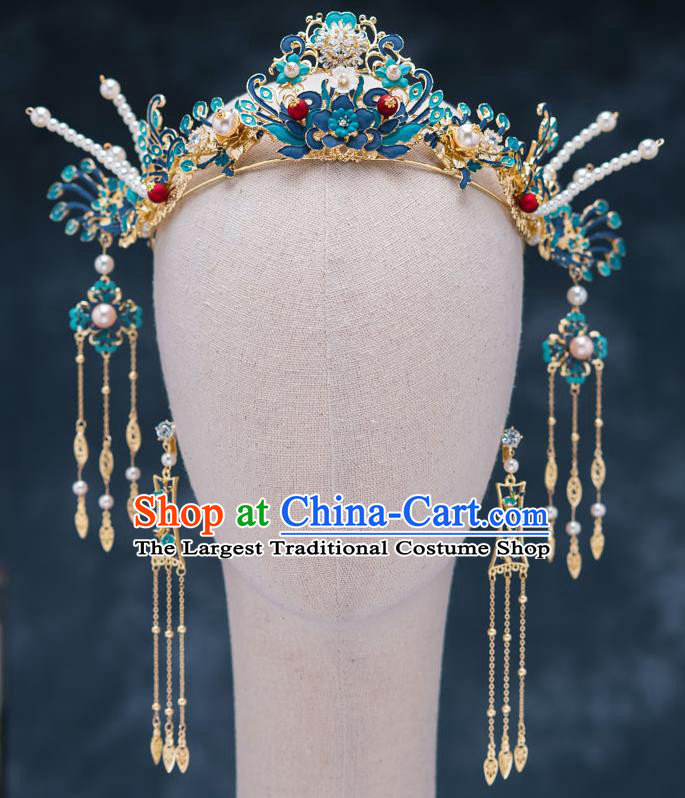 Chinese Ancient Bride Hair Accessories Wedding Blueing Phoenix Coronet Traditional Hanfu Hairpins for Women