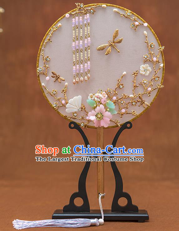 Chinese Ancient Bride Tassel Round Fans Traditional Wedding Classical Palace Fans for Women