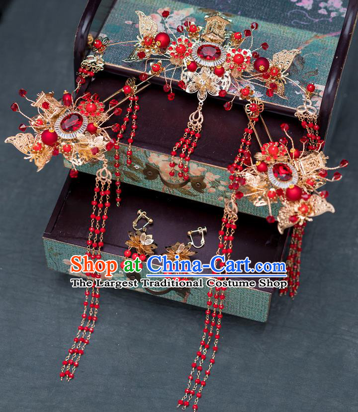 Chinese Ancient Wedding Red Crystal Hairpins Traditional Bride Palace Hair Accessories for Women