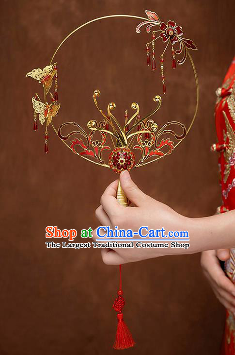 Chinese Traditional Wedding Cloisonne Red Round Fans Classical Ancient Bride Palace Fans for Women