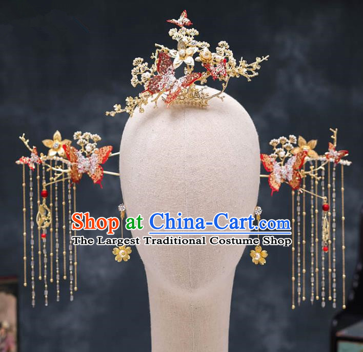 Chinese Ancient Palace Hair Accessories Hairpins Traditional Bride Red Crystal Butterfly Phoenix Coronet for Women
