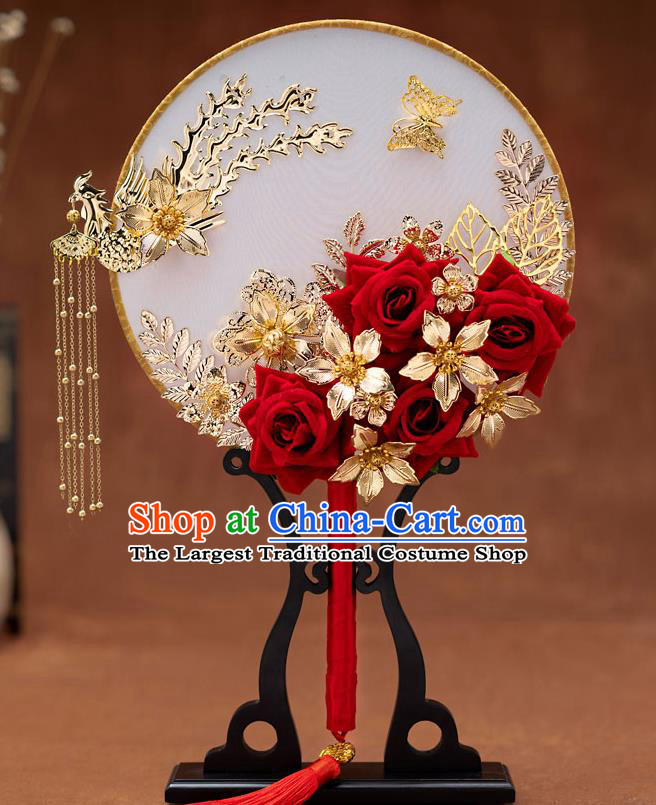 Chinese Ancient Bride Phoenix Tassel Round Fans Traditional Wedding Classical Palace Fans for Women