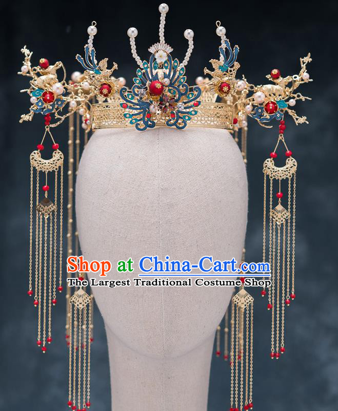 Chinese Ancient Bride Cloisonne Phoenix Coronet Traditional Wedding Hair Accessories Hanfu Hairpins for Women