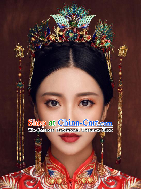 Chinese Ancient Queen Cloisonne Phoenix Coronet Traditional Wedding Hair Accessories Hairpins for Women