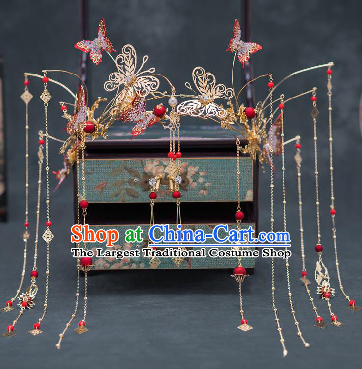 Chinese Ancient Bride Wedding Hairpins Traditional Red Butterfly Phoenix Coronet Hair Accessories for Women