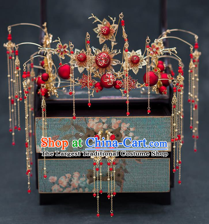 Chinese Ancient Bride Wedding Hairpins Traditional Red Beads Phoenix Coronet Hair Accessories for Women