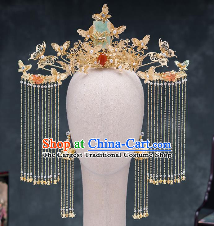 Traditional Chinese Ancient Bride Wedding Jade Phoenix Coronet Hair Accessories for Women