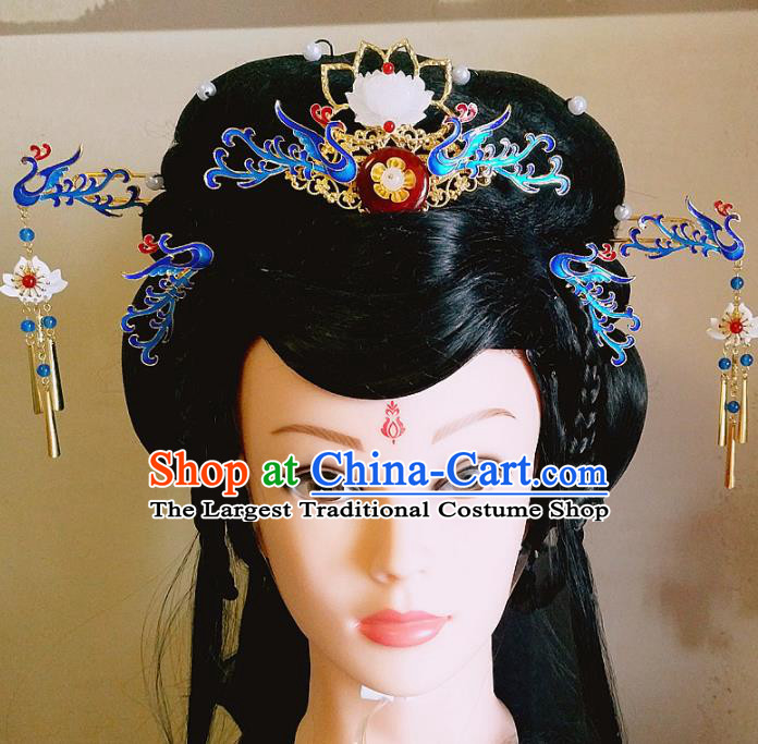 Chinese Ancient Queen Hair Accessories Traditional Hanfu Blueing Phoenix Coronet Hairpins for Women