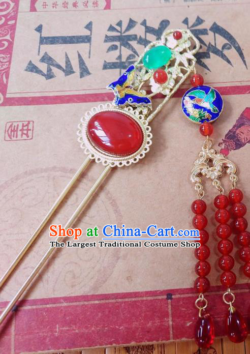 Chinese Ancient Queen Hair Accessories Traditional Hanfu Blueing Butterfly Agate Hairpins for Women